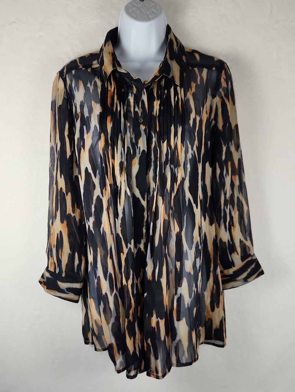 Sheer Animal Print Button-Up Blouse in Black and Tan Size Large